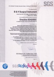 B & H Surgical Instrument Cerrtificate